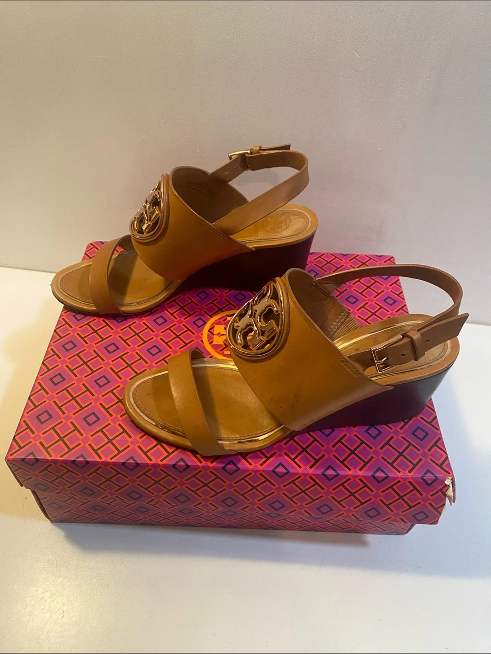 Tory Burch Cognac Leather Logo Sligback Wedge Sandals Sz 7